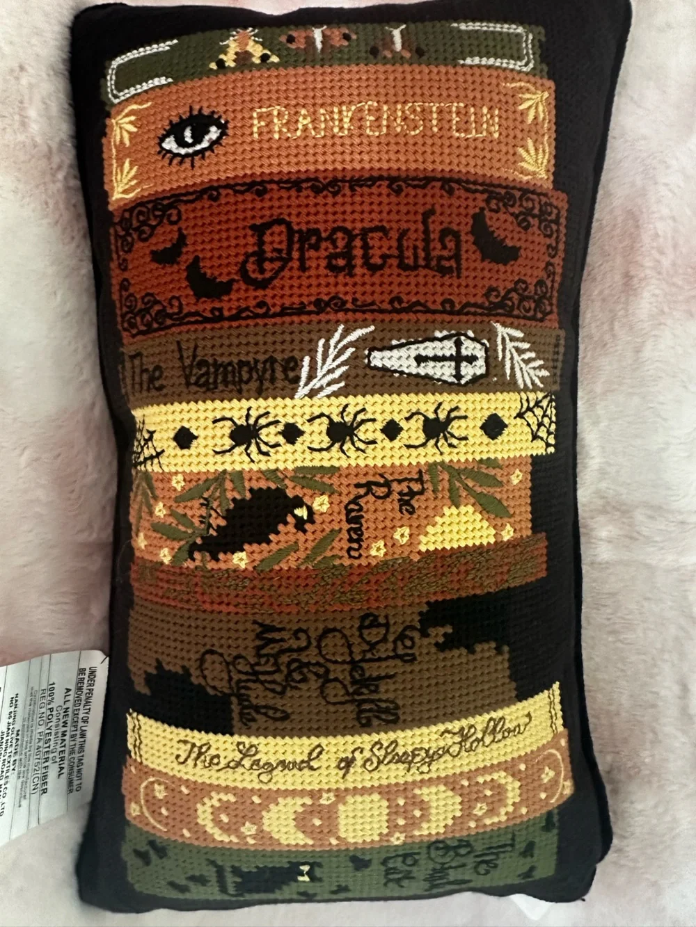 Halloween Horror Books Stack - Black Needlepoint Decorative Pillow NWT